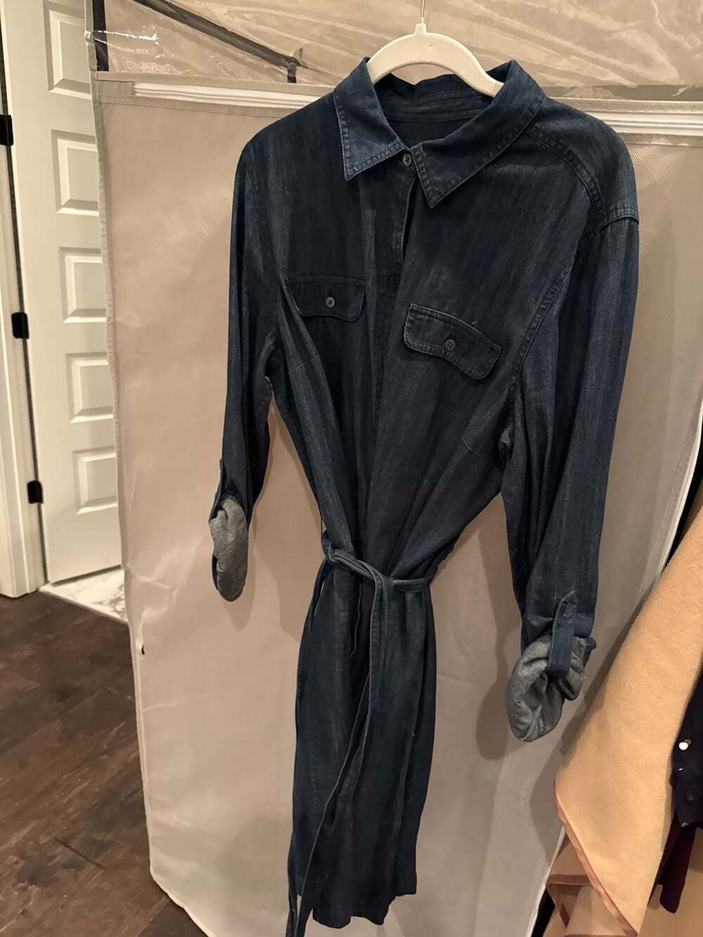 Talbots Dark Indigo Denim Tencel Shirt Dress with Tie Waist Size 14